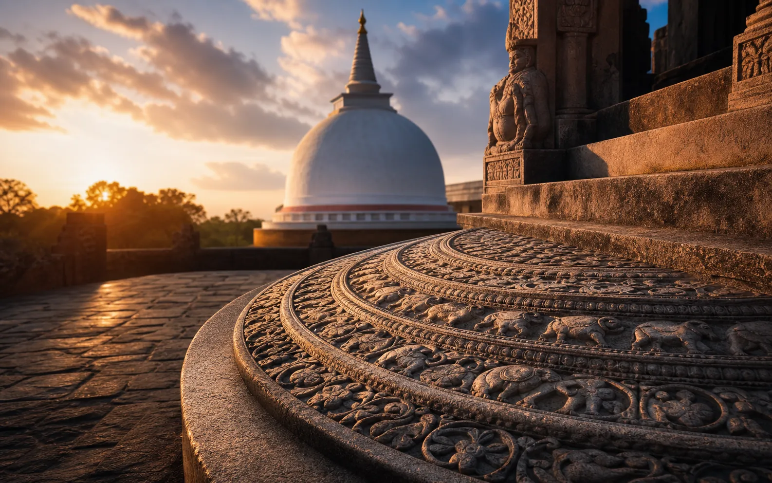 Sri Lankan Buddhist stupa and carved moonstone heritage detail